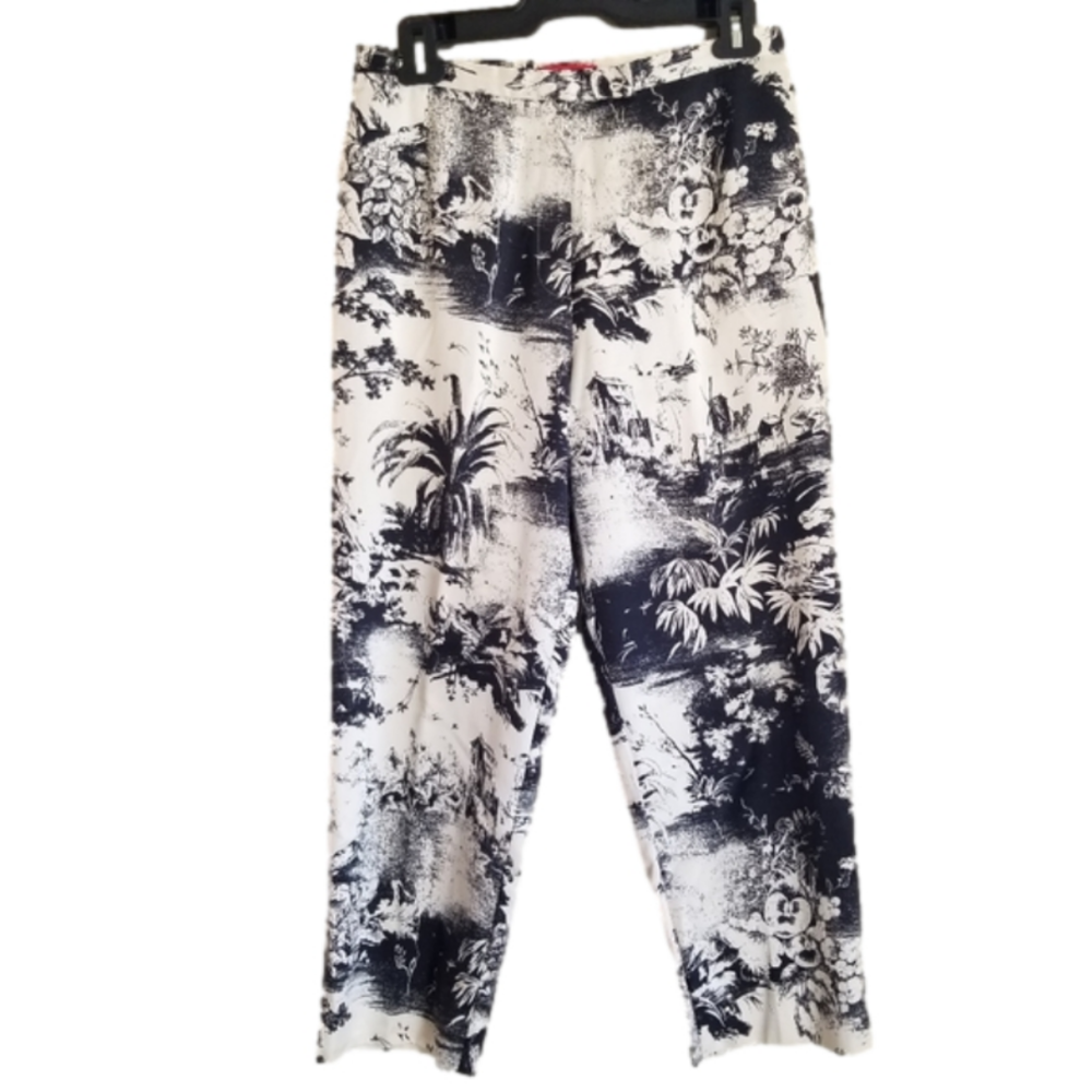 Burns Silk & Cotton Straight Leg High Rise Black & White Line Art Pants Size 8